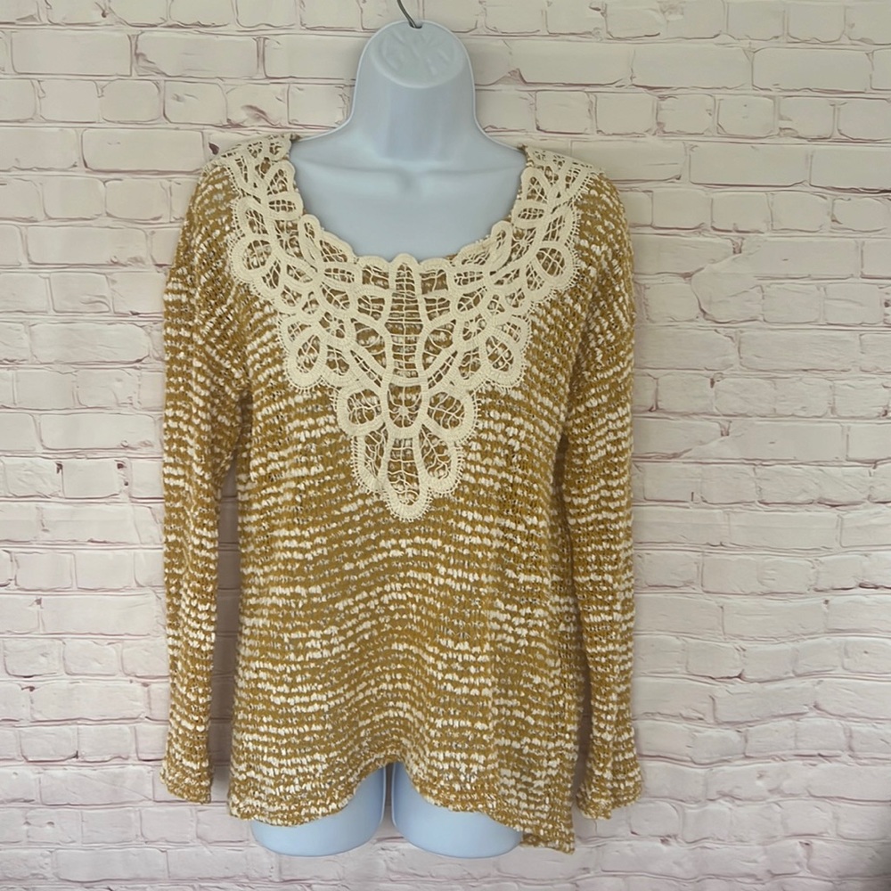Anthropologie A’reve mustard yellow knit crochet top, crisscross back bow tie.